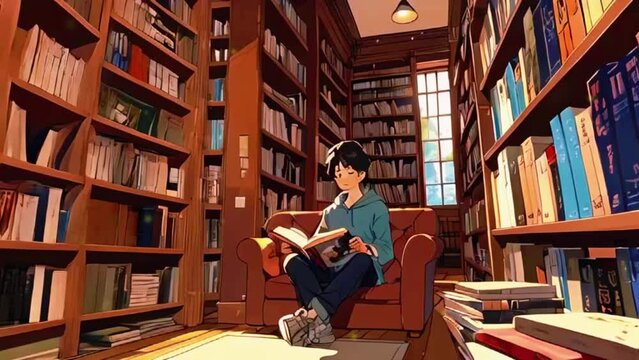 A boy reads a book in a cozy library nook, surrounded by towering bookshelves, 4K High-Quality Japanese Anime-style Video