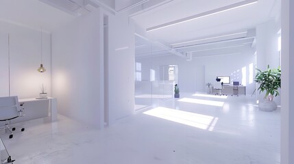 White Open Space Office Interior with Blank Walls


