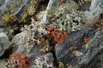 A rock covered in moss and lichen. The moss is green and red