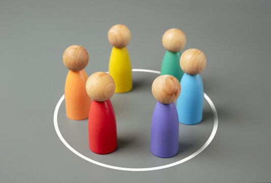 Colorful people in a circle. LGBT+ community. Cooperation and collaboration. Team and teamwork. Pride Month June. International Pride Day. Protection of the rights and freedoms of sexual minorities.