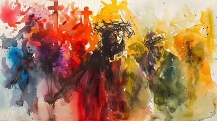 Colorful abstract watercolor adding drama to the betrayal of Jesus