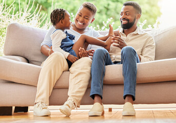 Black family, happy and child in home on sofa, parents and love for bonding with girl on mothers...