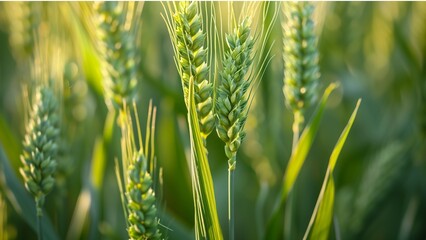 macro close up of fresh ears of young green wheat in spring field agriculture scene