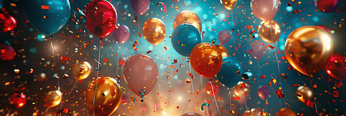 horizontal banner, colorful red, orange and blue balloons with confetti in the air, bokeh lights, cool channel header, party invite