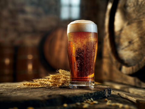 Bicchiere di birra rossa con schiuma, luppolo e spighe, sullo sfondo botti rustiche di un birrificio, piano in legno rustico