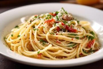 Classic Italian pasta dish with spaghetti, pancetta, and fresh herbs.