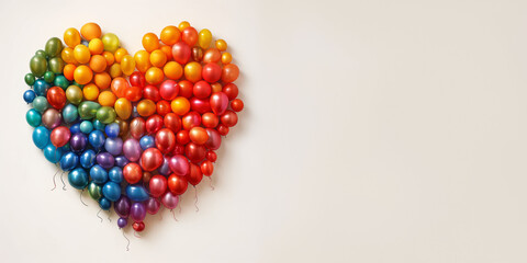 banner with Heart of colorful balloons on a white background, isolated. celebration and joy, perfect for parties, LGBTQ pride events, or festive decorations.
