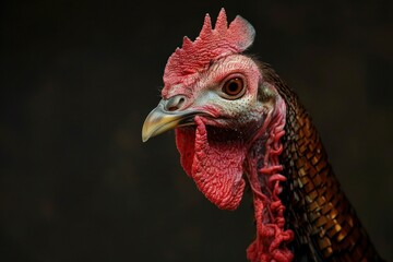 Highdetail image of a rooster's head, showcasing its vibrant red comb and wattles against a dark backdrop