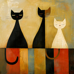 
Abstract silhouette painting of 3 cats. Retro style illustration

