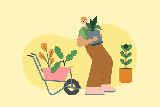 Gardening flowers man silhouette . Gardening flowers man vector