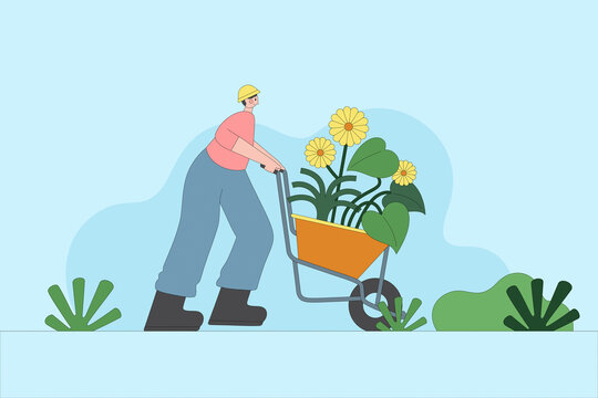 Gardener working garden on light blue background