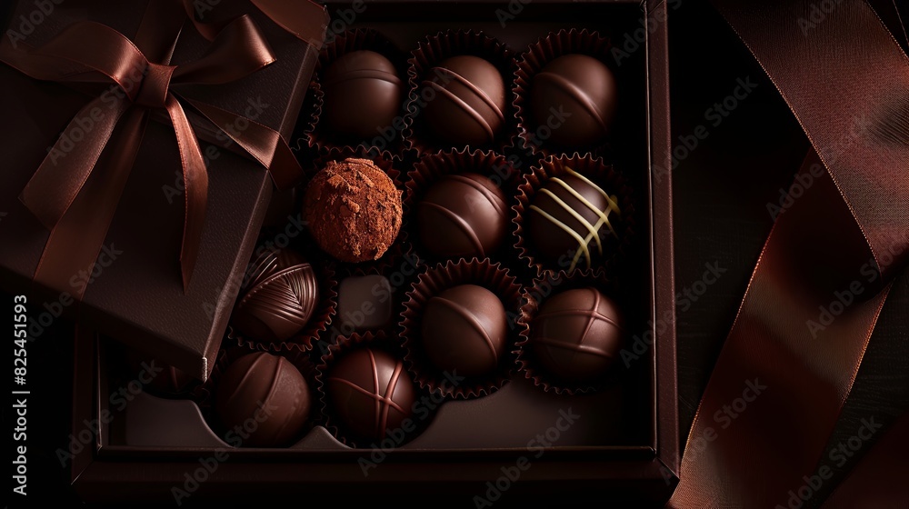 Poster detailed dark chocolate truffles in an elegant box, adorned with a ribbon. generative ai