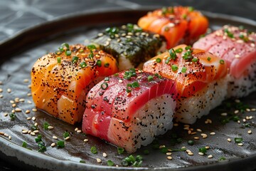 A plate of sushi with a variety of colors and toppings