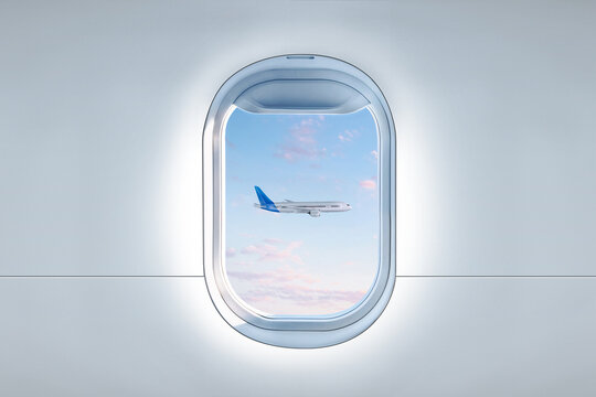 Airplane in sky viewed through another planes window