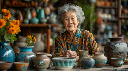 A woman working in a pottery shop, surrounded by colorful pottery