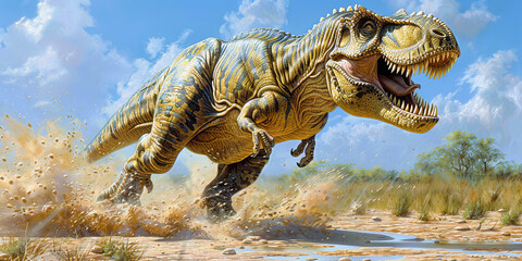 A large T-Rex is running through the desert, leaving a trail of dust behind it