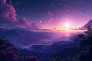 Neon Moonrise Over Tropical Mountains and Palm Trees in a Dreamscape