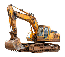Yellow excavator on work site with dirt and mud, cut out - stock png.