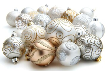 Assortment of white and gold decorative christmas balls on a white background