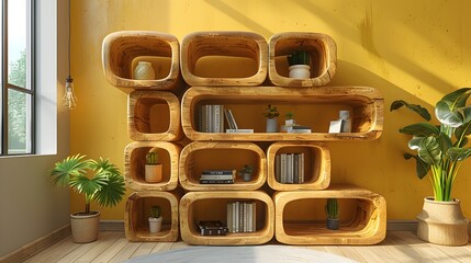 A yellow wall with a shelf of books and plants. The shelf is made of wood and has a unique design