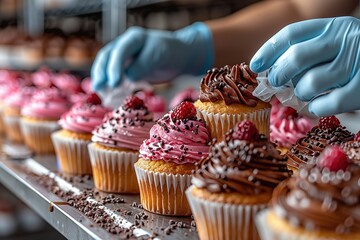 A person is decorating cupcakes with frosting and sprinkles
