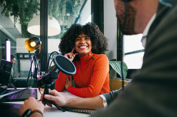 Podcast recording session with cheerful host