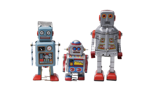 Funny cute tin toy robots on white background