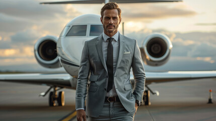 Confident businessman in a suit standing in front of a private jet at an airport.