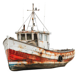Old fishing boat with weathered paint and rustic look, cut out - stock png.