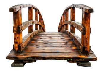 Rustic wooden bridge with arch design over a creek, cut out - stock png.