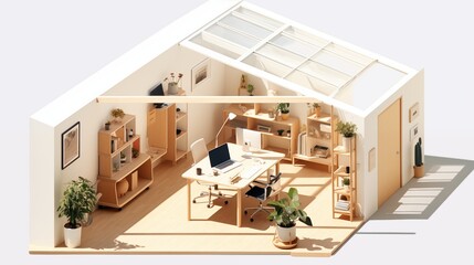 Isometric Vector of Muji House Office with Skylights A home office in a Muji house, featuring minimalist furniture, a clean workspace, and skylights that provide ample daylight for a productive enviro