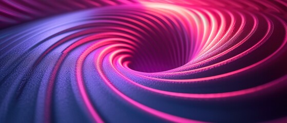Graphic design art of abstract illusion of spiral with geometric shapes of pink and violet neon lines.