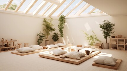 Isometric Vector of Muji House Meditation Space with Skylights A meditation space in a Muji house, featuring a minimalist design with cushions, natural wood elements, and skylights that enhance tranqu