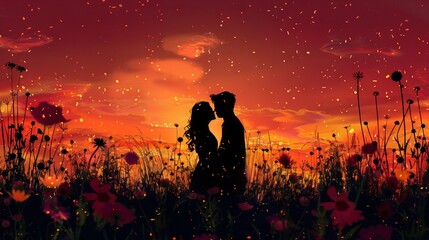 Darkened silhouette of a couple embracing amidst a field of wildflowers.