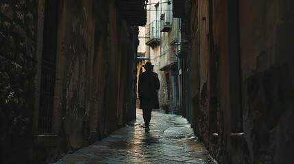 Darkened silhouette of a tourist wandering through a maze of narrow alleyways
