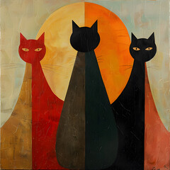 Three beautiful  cats shapes retro style illustration.