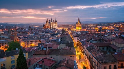 Evening view of the Burgos city with buildings and Cathedral from high, Burgos, Spain