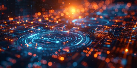 Abstract digital interface with glowing circuits and nodes in blue and orange