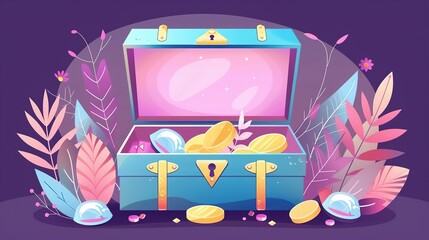 Opulent treasure chest overflowing with gold and gems, warm lighting, front angle, dark backdrop.   isolated on soft plain pastel solid background