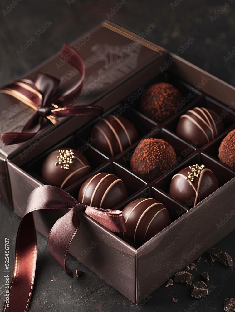 Poster elegant box of chocolate truffles adorned with a ribbon, showcasing a luxurious presentation with ri