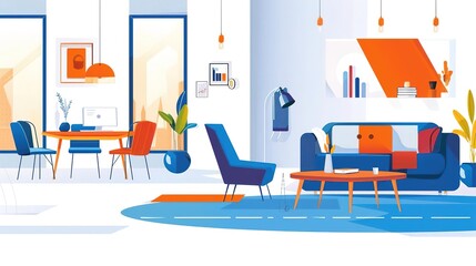 Clean geometric lines in a modern living room, white walls, sleek furniture, minimal decor, abundant natural light, wide-angle shot, front-facing