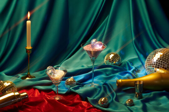romatic still life with glasses of sparkling sand on the table
