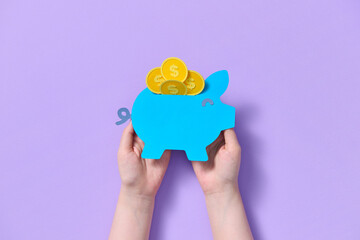 Paper cut style Money savings in pink piggy with gold coin