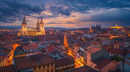 Evening view of the Burgos city with buildings and Cathedral from high, Burgos, Spain