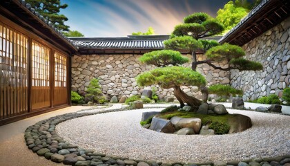 A Japanese zen garden with raked gravel and bonsai trees against a minimalist stone wall background.