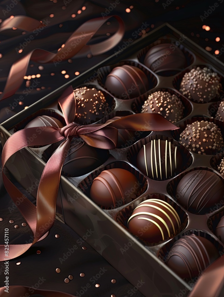 Poster luxurious box of chocolate truffles adorned with a ribbon in rich dark colors. generative ai