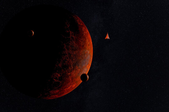 Red planet in space with spaceship and moons