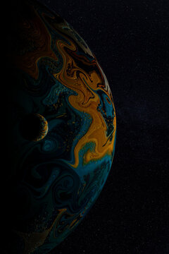 Close up of colorful planet with sky background