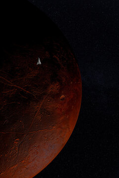 Spacecraft orbiting mars against starry backdrop