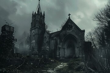 Obraz premium Atmospheric scene of an old gothic church surrounded by fog and rain in the twilight